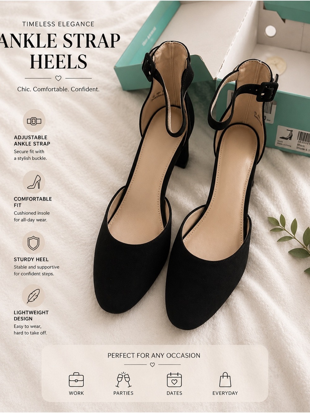 Classic Black Ankle-Strap Block Heels โ Timeless Women's Dress Shoes